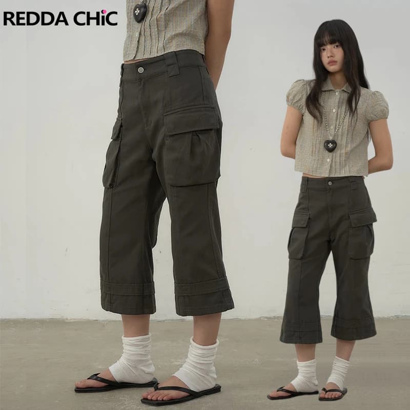 REDDACHiC Grunge Cargo Jean Shorts Women Acubi Fashion Gray Low Rise Relaxed Bootcut Denim Bermuda Pants Korea Summer Streetwear