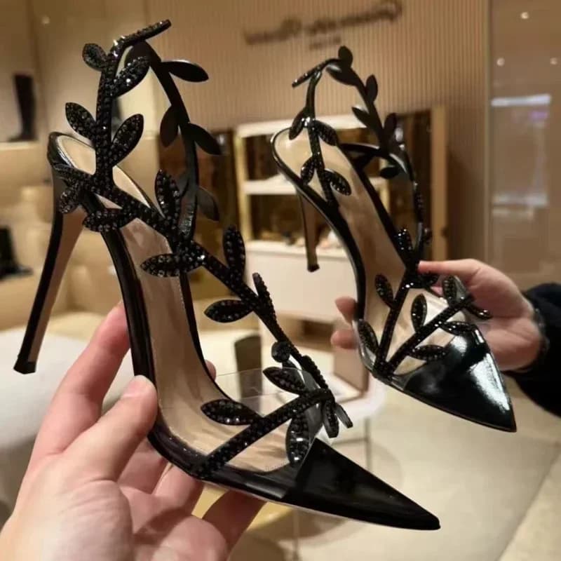 Designer strass decorazione foglia sandali a spillo donna sexy punta a punta cinturino in PVC trasparente tacchi alti scarpe da festa estive