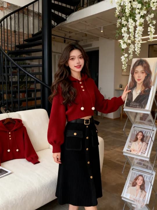 Set of Korean Sweatshirt Elegant for Autumn, Casual with High Waist Pants and Gamba Larga, Cardigan with Hood, Complete Two Pieces