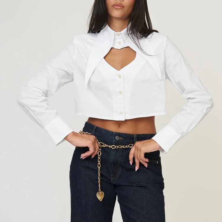Female Clothing Fashion Loose White Cotton Women Blouse Sexy Lapel Long Sleeve Lady Shirts Elegant Hollow Out Crop Top