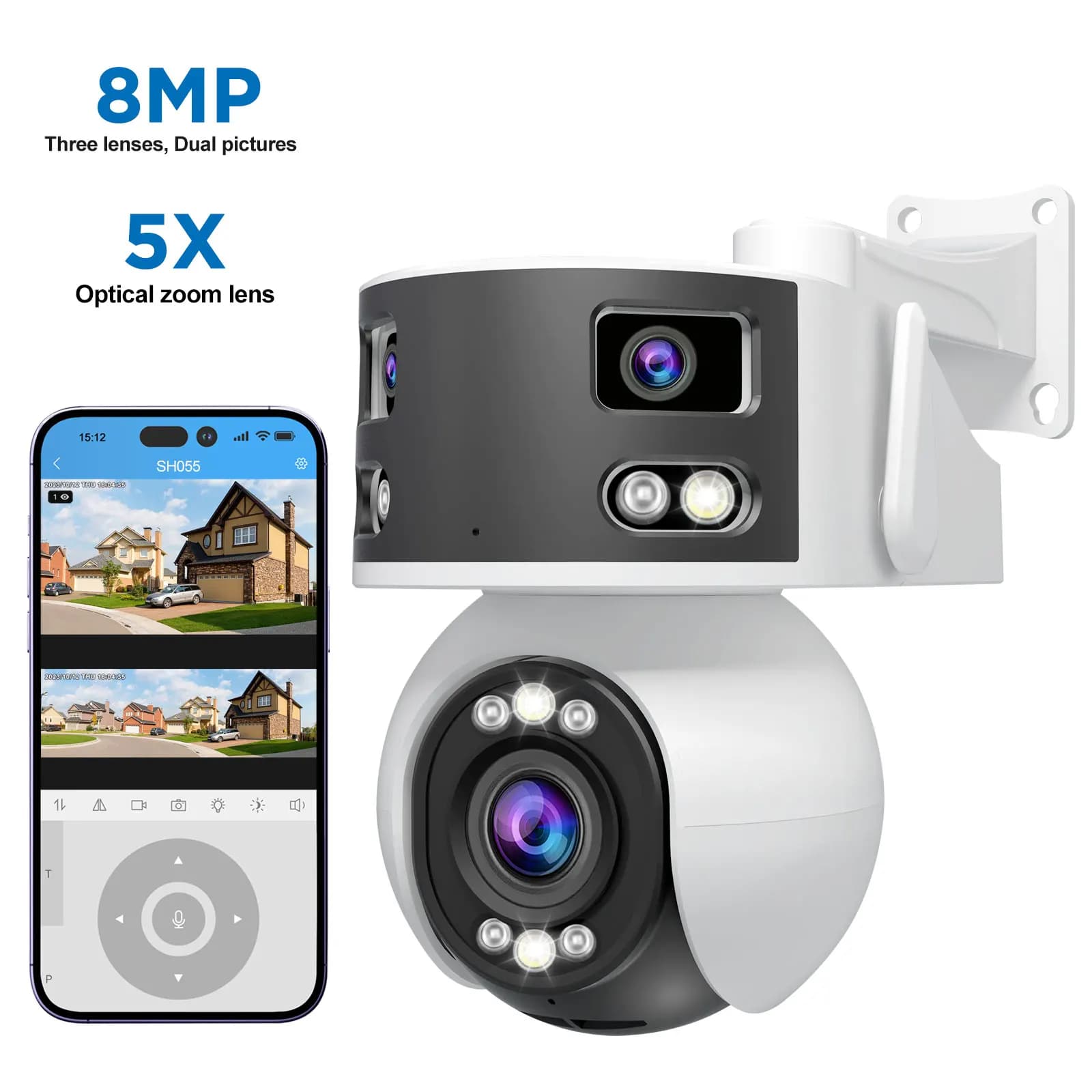 Srihome Sh055 8MP 180 gradi Tripla lente Wireless PTZ IP Dome 5X Zoom AI Rilevamento umanoide Sicurezza domestica CCTV Baby Monitor
