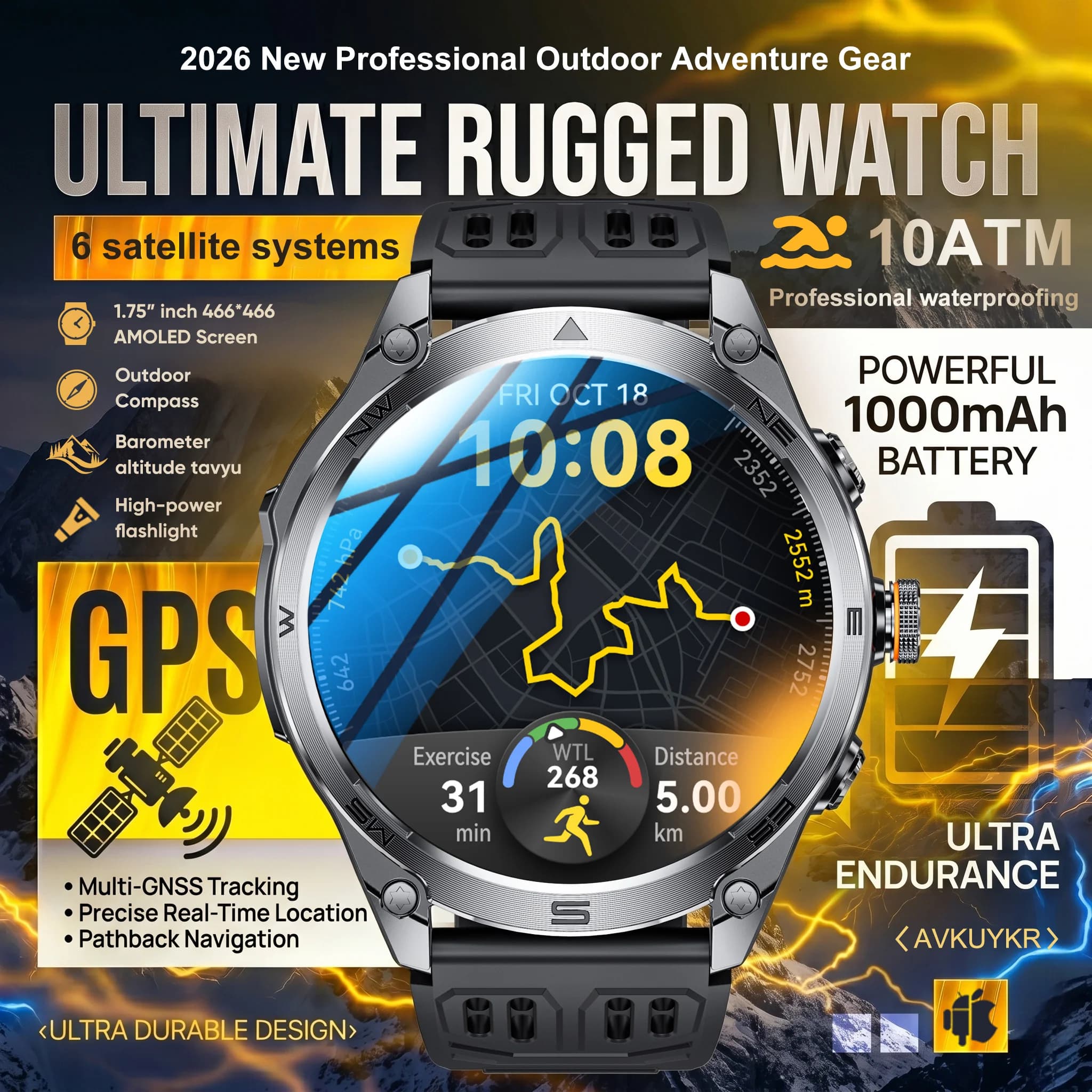 Nuovo Smartwatch GPS 2026 con Tracciamento Percorso, 10ATM, AGPS Integrato, Display AMOLED da 1.75'', Bussola, Altimetro, Chiamate BT, 170+ Sport, Batteria da 1000mAh, per Uomo