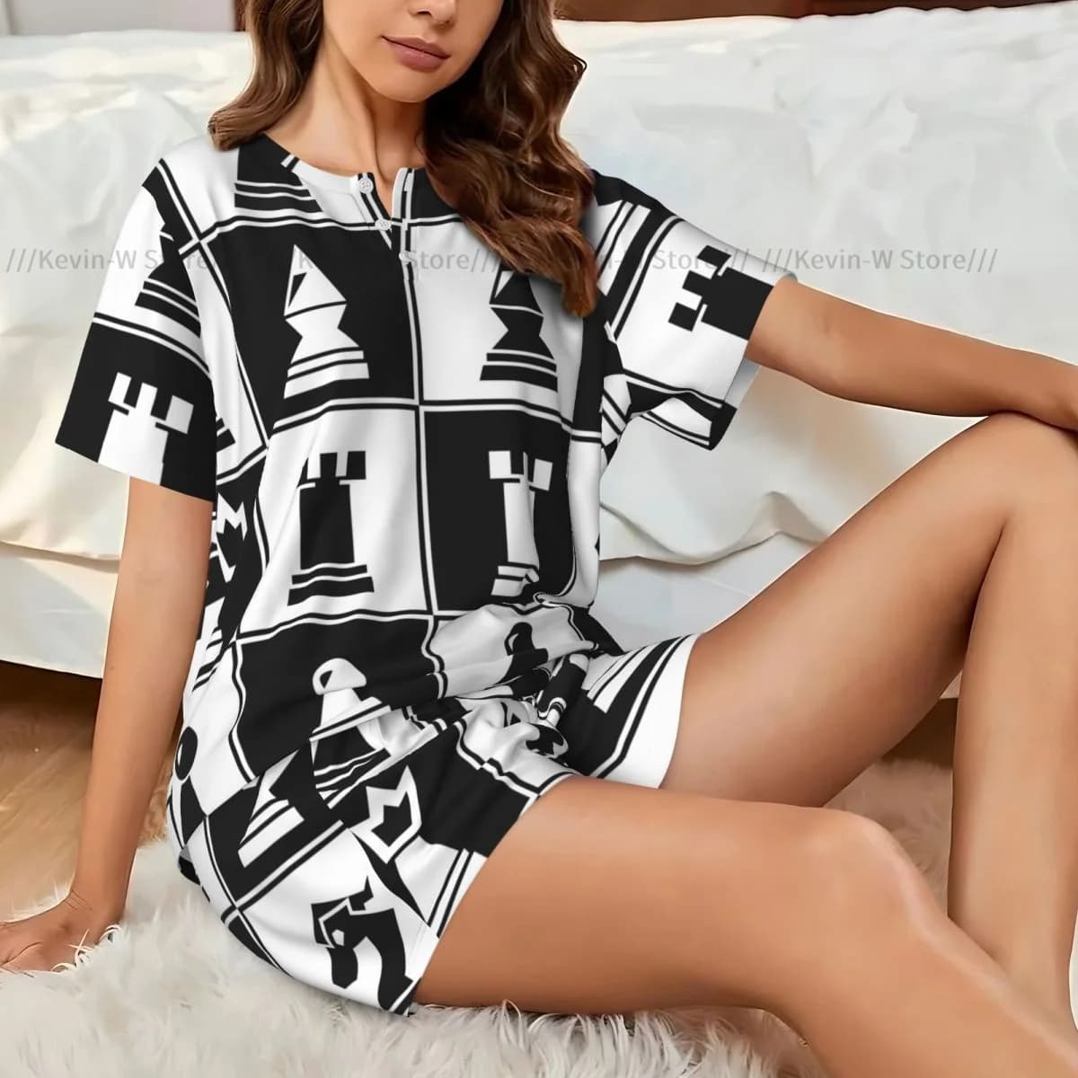 Pigiama da donna Set modello scacchi Homewear Pantaloncini a maniche corte in due pezzi