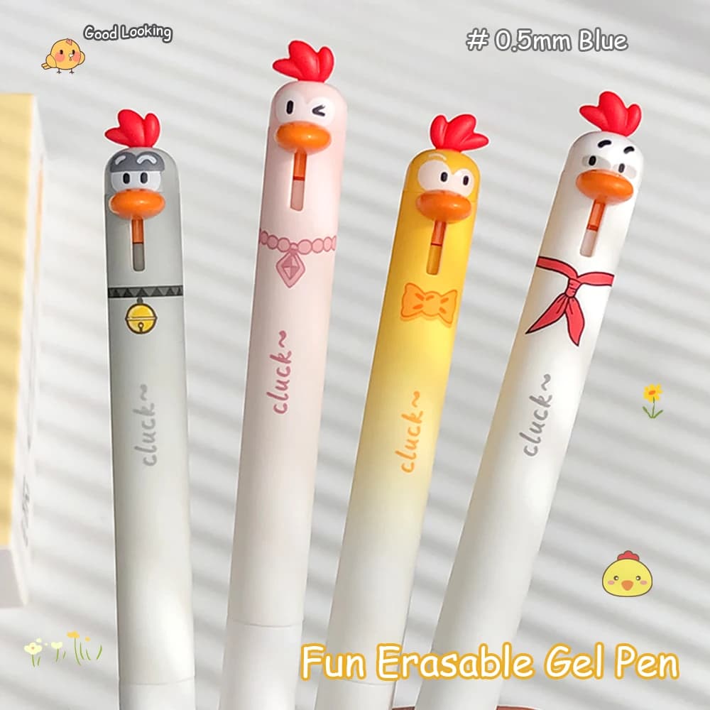 Set di 4 Penne Gel Cancellabili a Forma di Pulcino, Punta Fine 0.5mm, Divertenti Cartoni Animati, Colore Blu per Studio e Ufficio