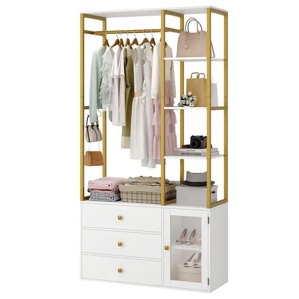 System Organizer, 81.3 H Wardrobe Closet with 3 Wooden Drawers, Clothes Rack with Hanging Rods, 4 Tiers Shelves, Metal Frame, W