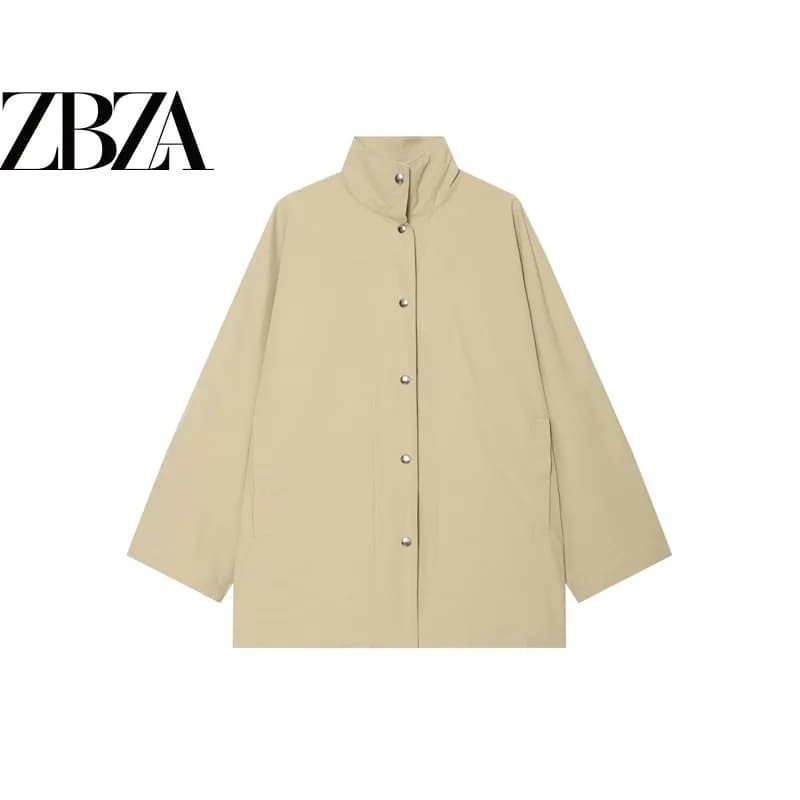 Loose Fit Button up Stand Collar Jacket ZR Wind Women's Casual Style Polyester Fiber Spring Season Fashion Outerwear