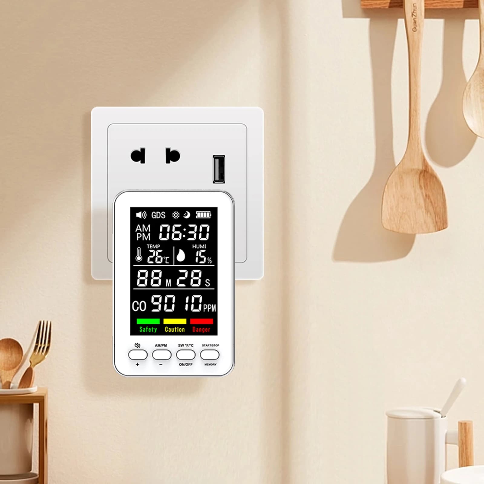 Rilevatore di Monossido di Carbonio Portatile 5-in-1, Allarme da Parete con Display di Temperatura e Umidità per Viaggi