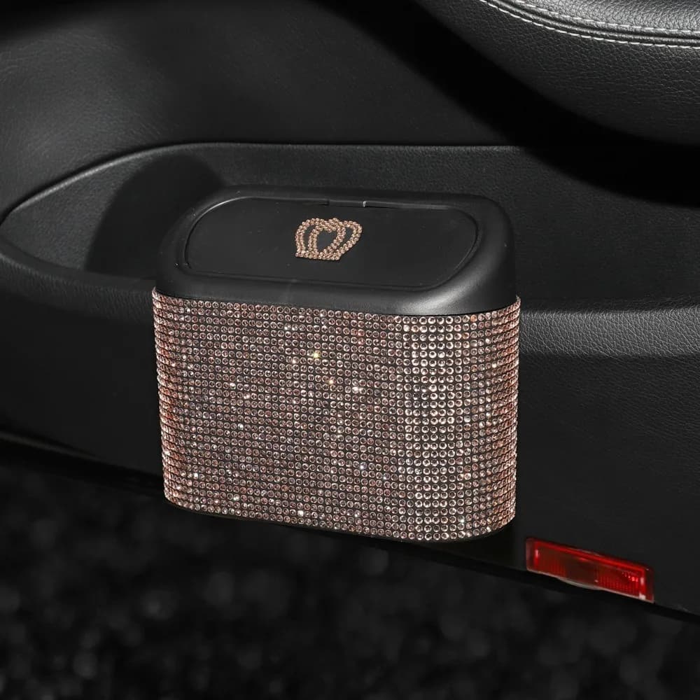 Hanging Car Trash Can Removable Leak-Proof Car Seat Back Trash Basket with Lid Shimmering Rhinestone Mini Desktop Trash Can