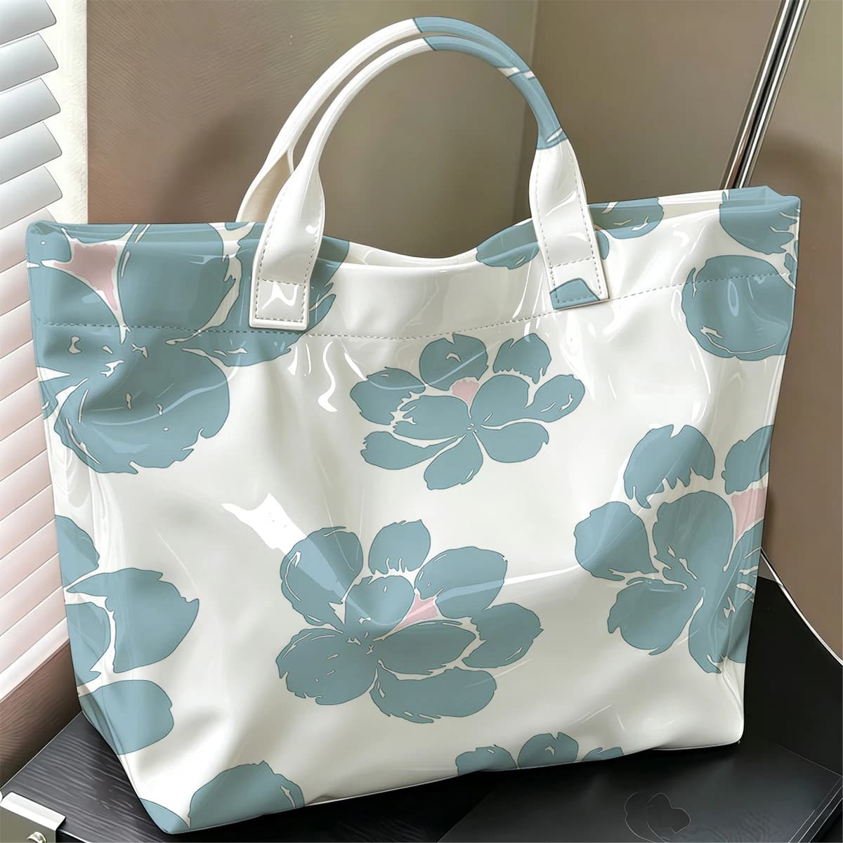 Simple Blue Floral Cute Large Glossy PVC Tote Bag Hand Washable Lightweight Soft Great for Travel Commute Makeup Storage Handbag