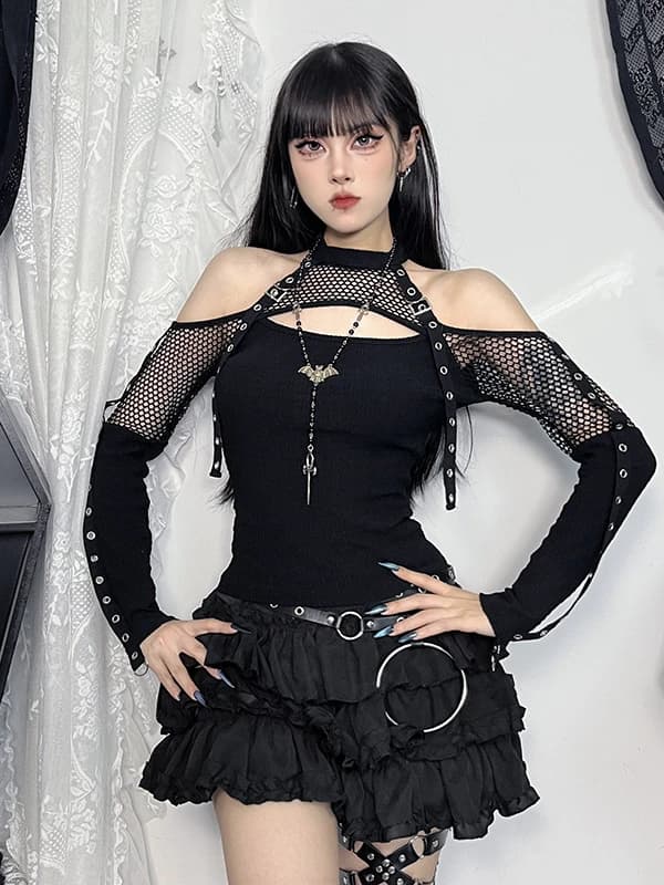 Wannathis Punk Fishnet Long Sleeve T-Shirt Gothic Black Sexy Halloween Top for Trendy Women Dark Style Hollow out Slim Fit Tee