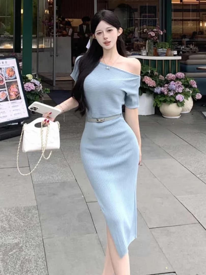 Sexy Pure Desire Blue Shoulder Bared Knitted Dress Women Summer Spicy Slim Fit Bodycon Long Skirt French Style Short Sleeve