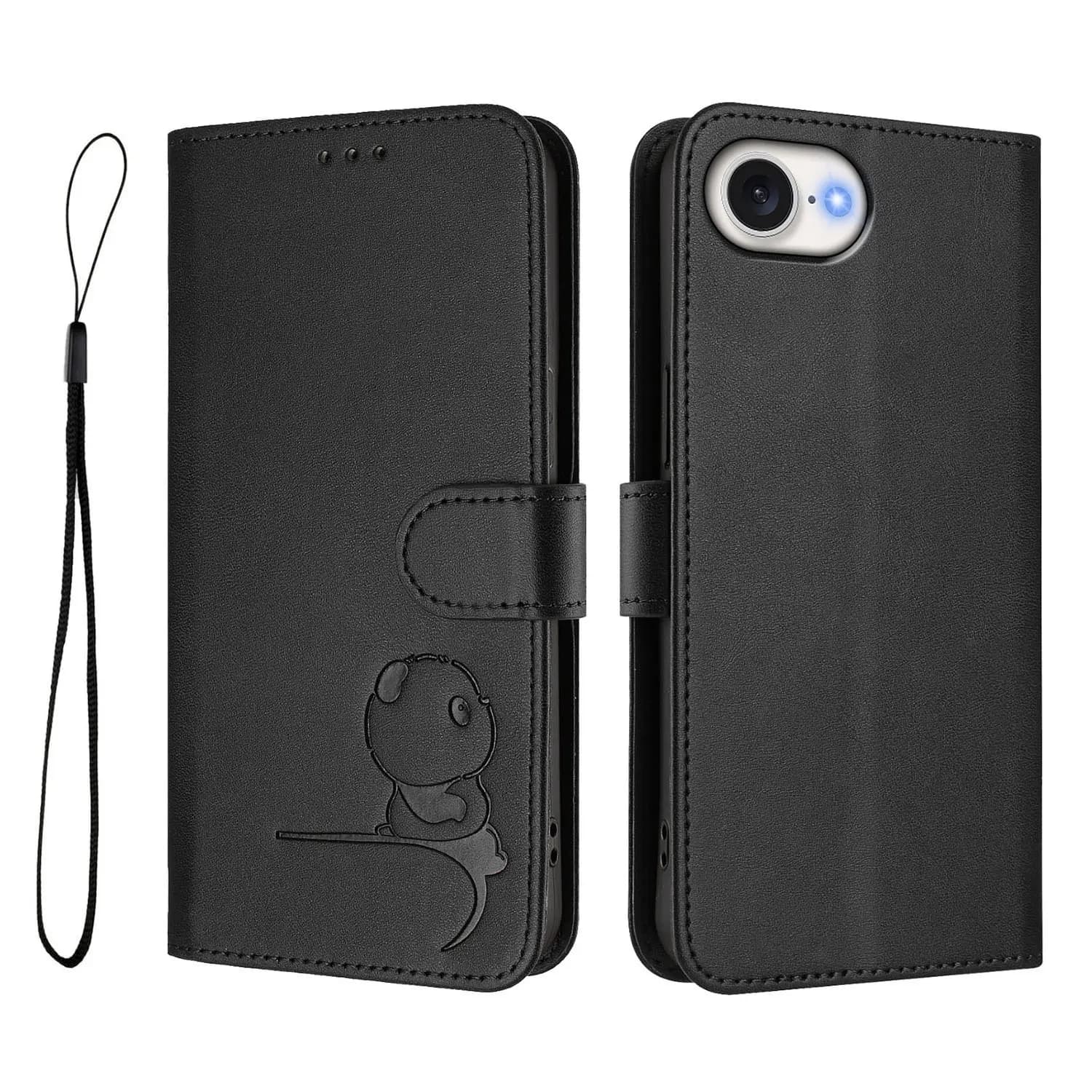 Per iPhone 16e Custodia Panda Imprint RFID Blocco Portafoglio Cover per telefono in pelle con cinturino da polso - Nero