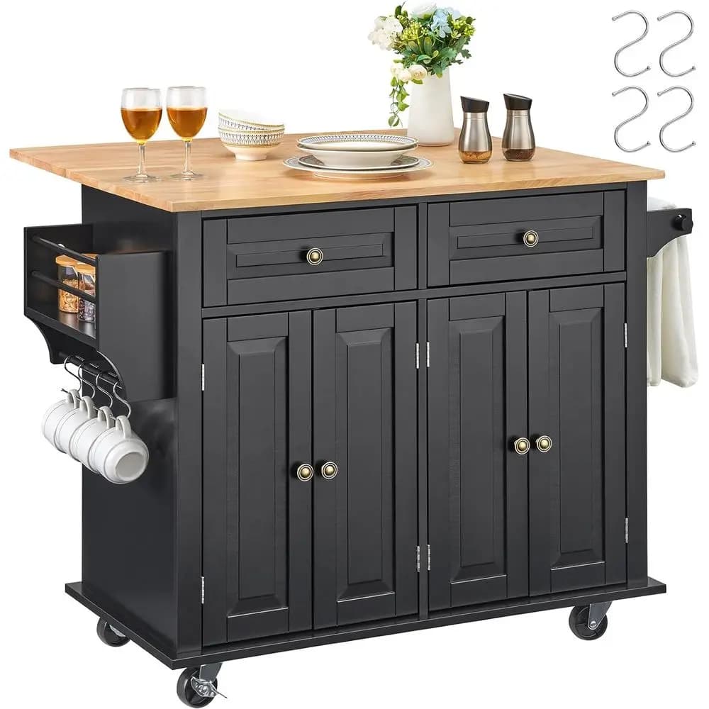 Carrello da Cucina con Isola, Carrello Mobile da 35 Pollici con Piano in Legno e Armadietto Contenitore, Tavolo Girevole con Ripiano Estraibile, Porta Spezie, Porta Asciugamani, Regolabile