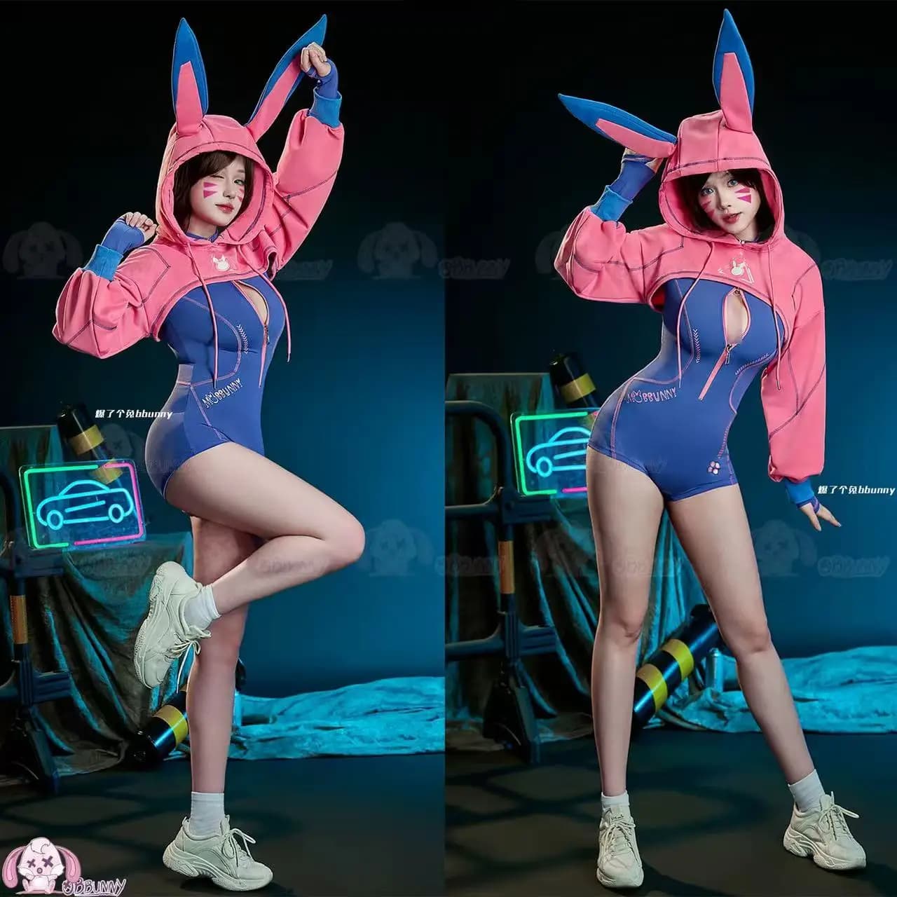 Costume Cosplay D.V.A. da Gioco, Tuta da Coniglio Sexy per Donna, Lingerie Attillata, Abbigliamento Sportivo Stile Cyber, Body con Giacca Corta con Cappuccio