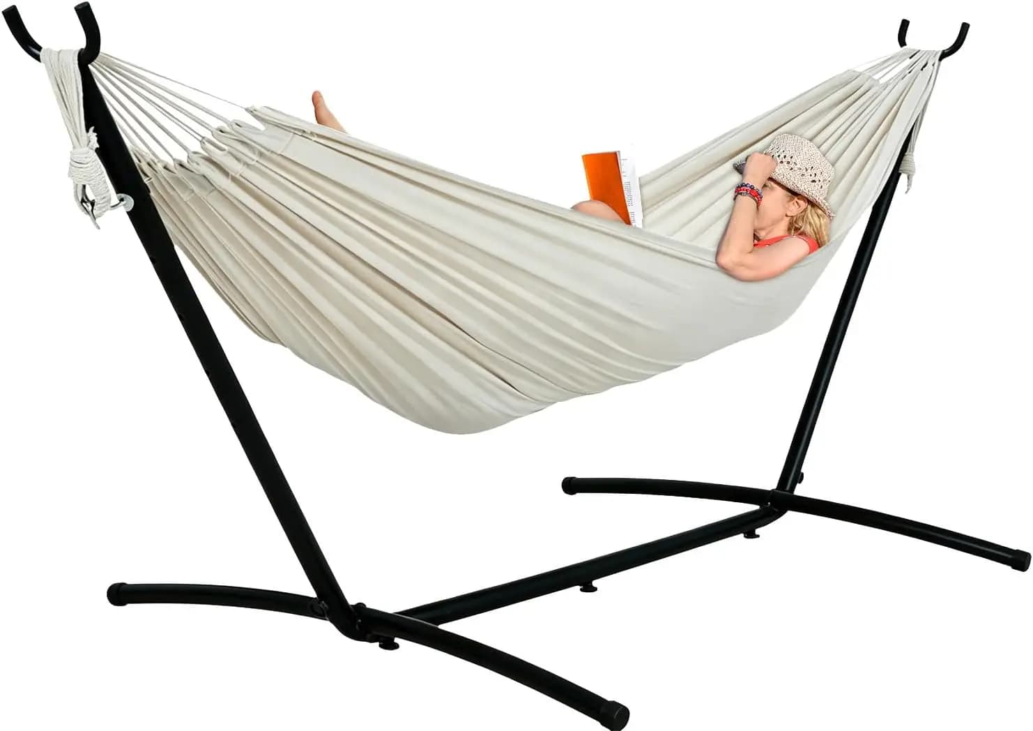 2 Person Portable Hammock with 9 FT Heavy Duty Steel Stand, Freestanding Double Hammock with Pillow & Carry Bag, Indoor Outdoor Hammock for Patio Yard Garden, Holds Up to 450 Lbs, White