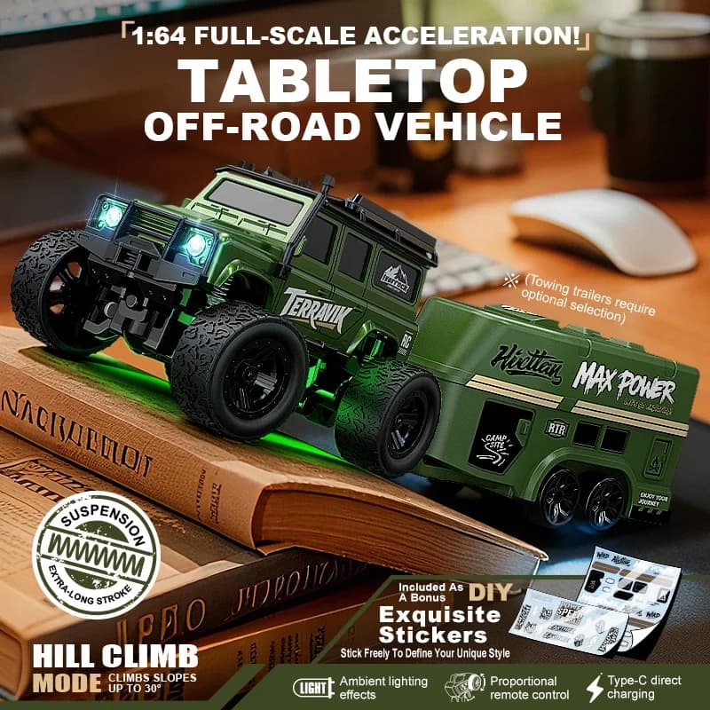 Auto RC Fuoristrada da Scrivania Completamente Proporzionale 1:64, 2 Velocità, 30 ° Climbing, Luci LED, Ricarica Type-C, con Rimorchio per Bambini