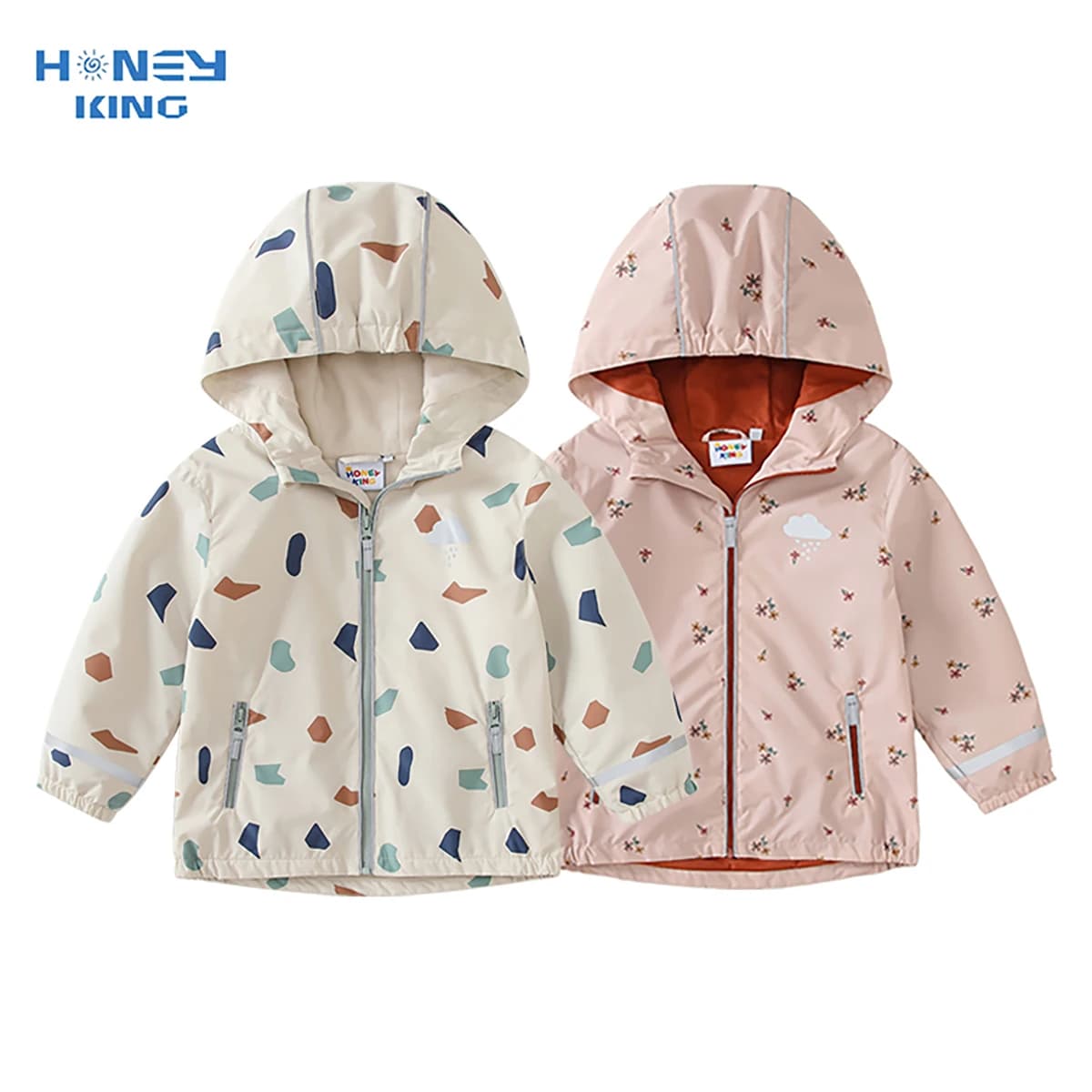HONEYKING Giacca in pile per bambini Primavera Autunno Capispalla per ragazze Bambini Stampa floreale Cappotto impermeabile con cappuccio Abbigliamento impermeabile per bambini