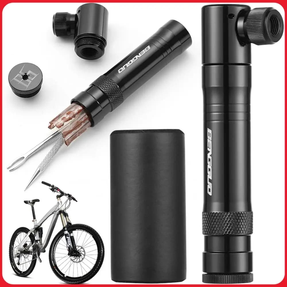 Pompa per Bicicletta CO2 con Kit di Riparazione Pneumatici Tubeless, Valvola Schrader e Schrader+, Gonfiatore Portatile in Lega di Alluminio, Accessori per Biciclette