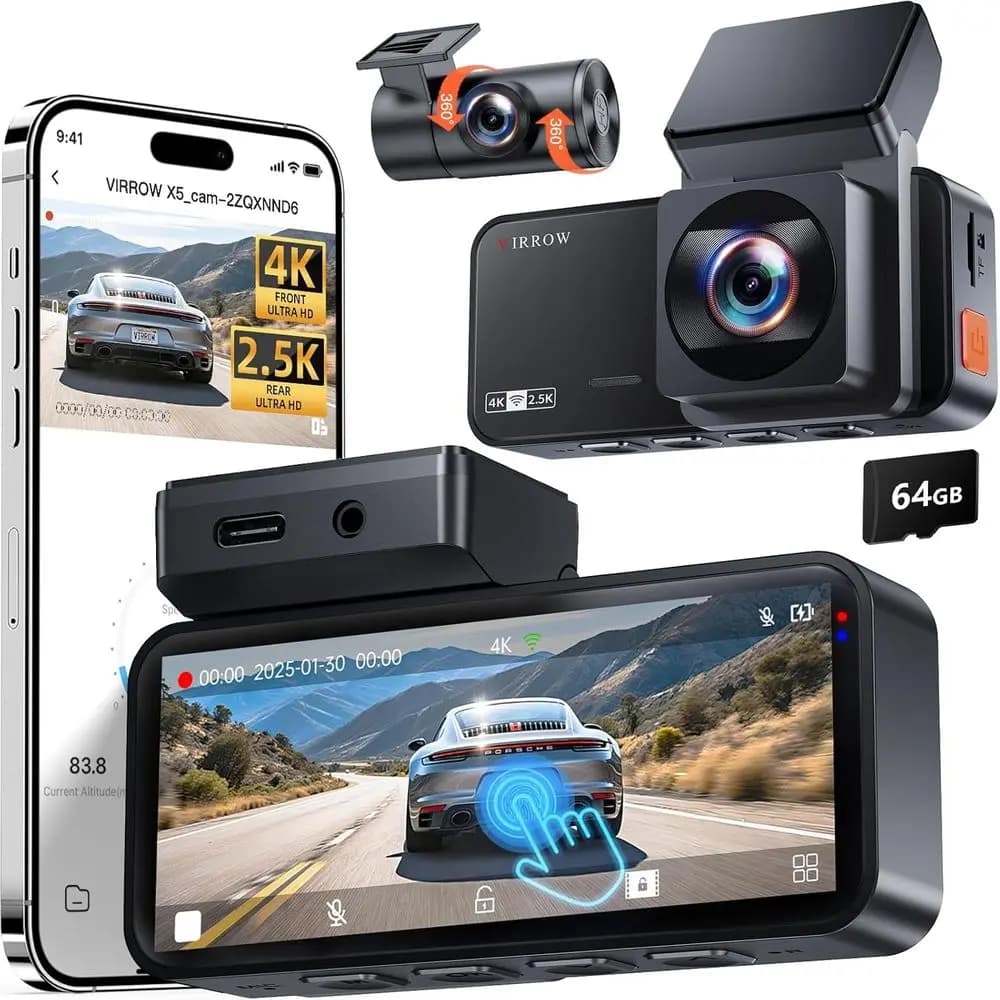 Dash Cam Anteriore 4K e Posteriore 2.5K con Scheda da 64GB, Touchscreen da 3.39 Pollici, Monitoraggio Parcheggio 24H, Visione Notturna WDR, Registrazione in Loop, Rilevamento Collisioni
