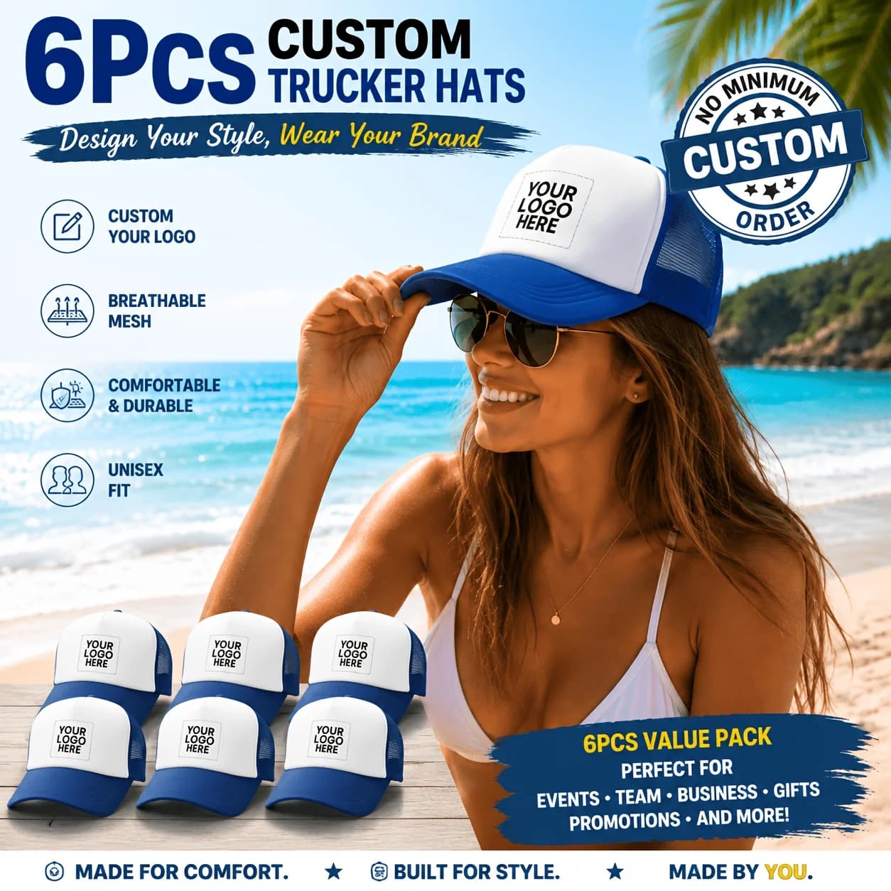 Set of 6 Custom Halloween Trucker Hats – Personalized Mesh Baseball Caps with Custom Logos; Ideal for Team Events, Gifts,