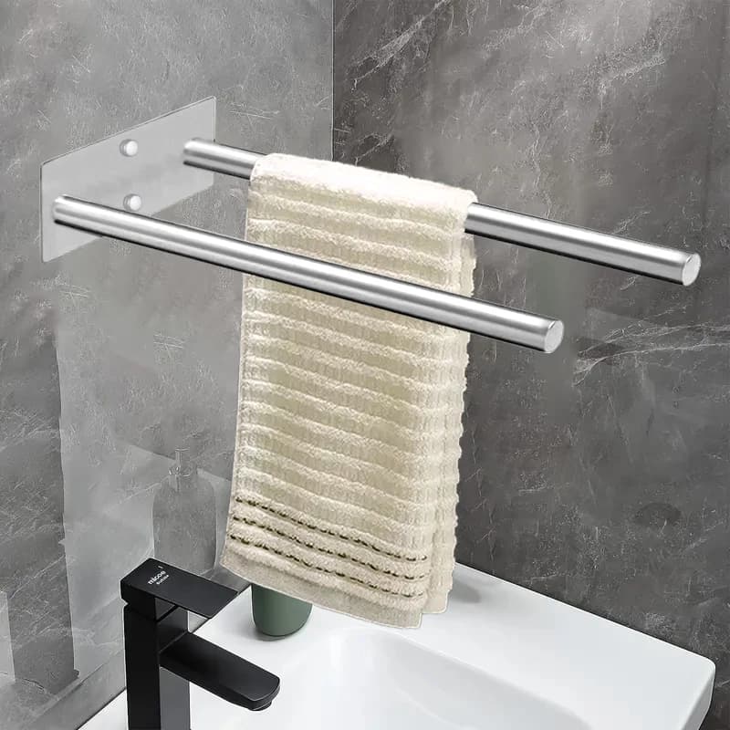 Portasciugamani in acciaio inox Mensola per asciugamano da doccia a parete senza trapano Portasciugamani da cucina Doppia Barra Adesiva Portasciugamani da bagno