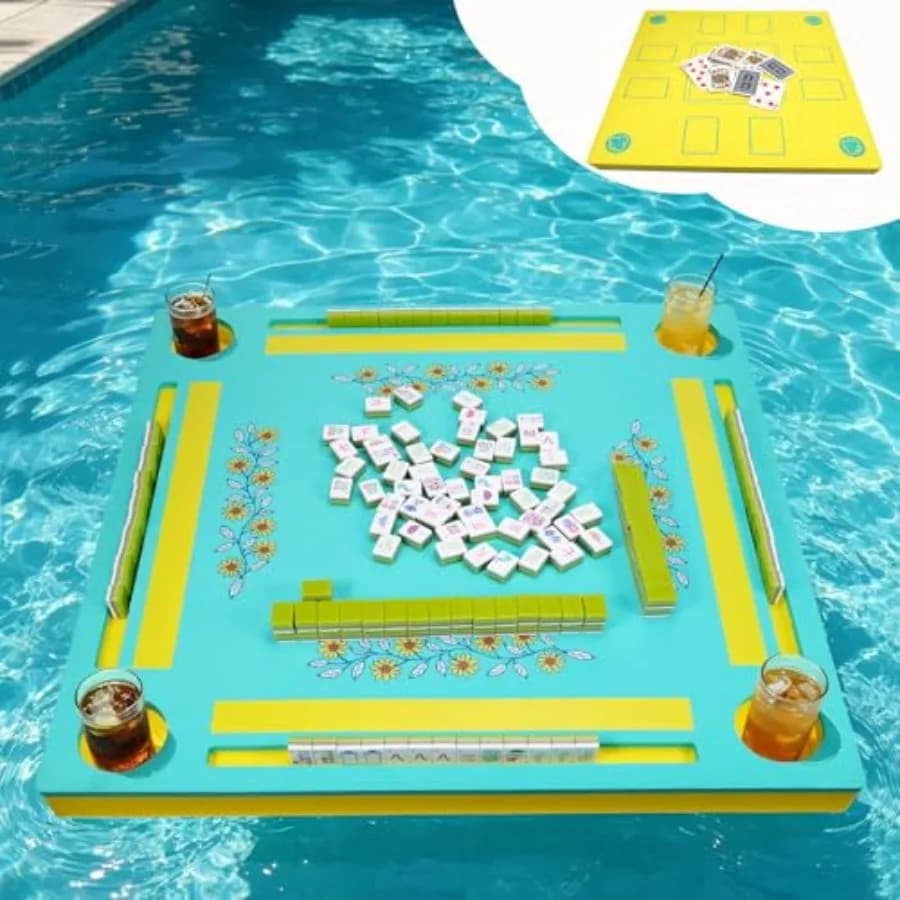 Tavolo galleggiante in EVA per mahjong, doppio lato con scanalature per le tessere e portabicchieri, multi-gioco per mahjong, poker, domino, blu