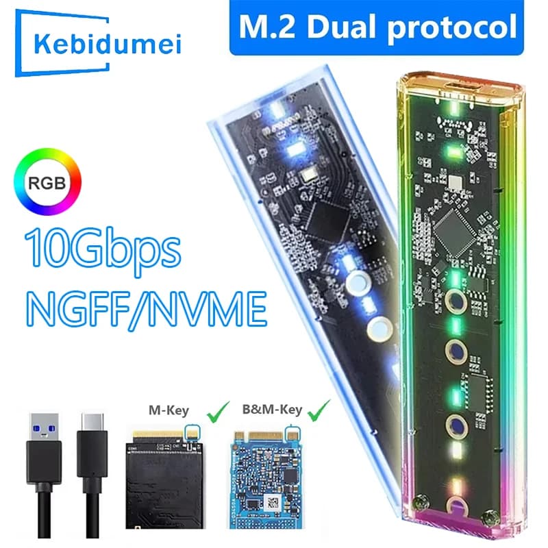 RGB M.2 NVME PCIe /NGFF SATA /Dual Protocollo SSD Custodia Trasparente USB Tipo C 10Gbps M2 SSD Custodia esterna trasparente Scatola per disco rigido