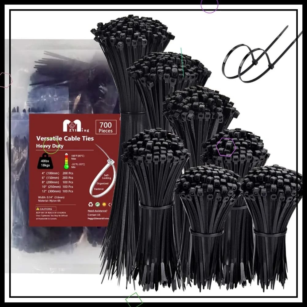 Confezione da 700 fascette stringicavo assortite, da 4 a 12 pollici, resistenti fino a 40 libbre, nere, resistenti ai raggi UV, per la gestione dei cavi