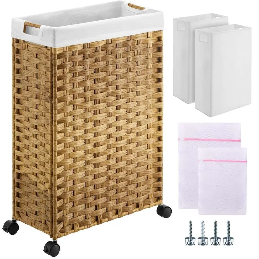 Cesto portabiancheria con ruote, 45L (11,9 galloni), piccolo cesto portabiancheria con 2 sacchi interni rimovibili e 2 sacchi in rete, cesto portabiancheria sottile in rattan
