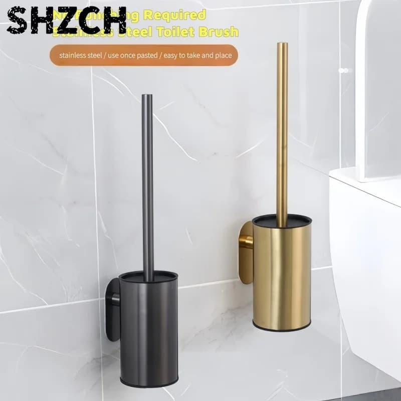 Toilet Brush Holder Wal Mounted Stainless Steel Cleaning Tools No Punching Durable Vertical Toilet Brush Accessories WC Cleaner