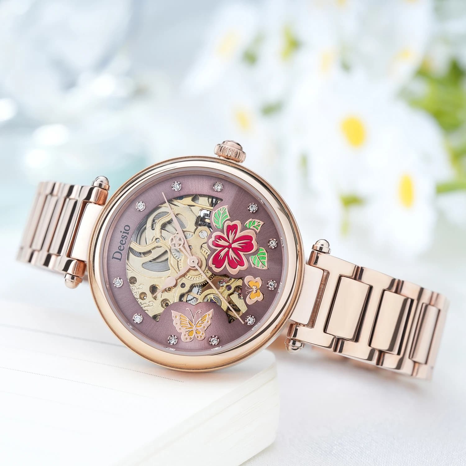 Deesio Orologio meccanico da donna con quadrante floreale a forma di farfalla, cinturino in acciaio inossidabile, orologio da polso impermeabile 3ATM, regalo elegante