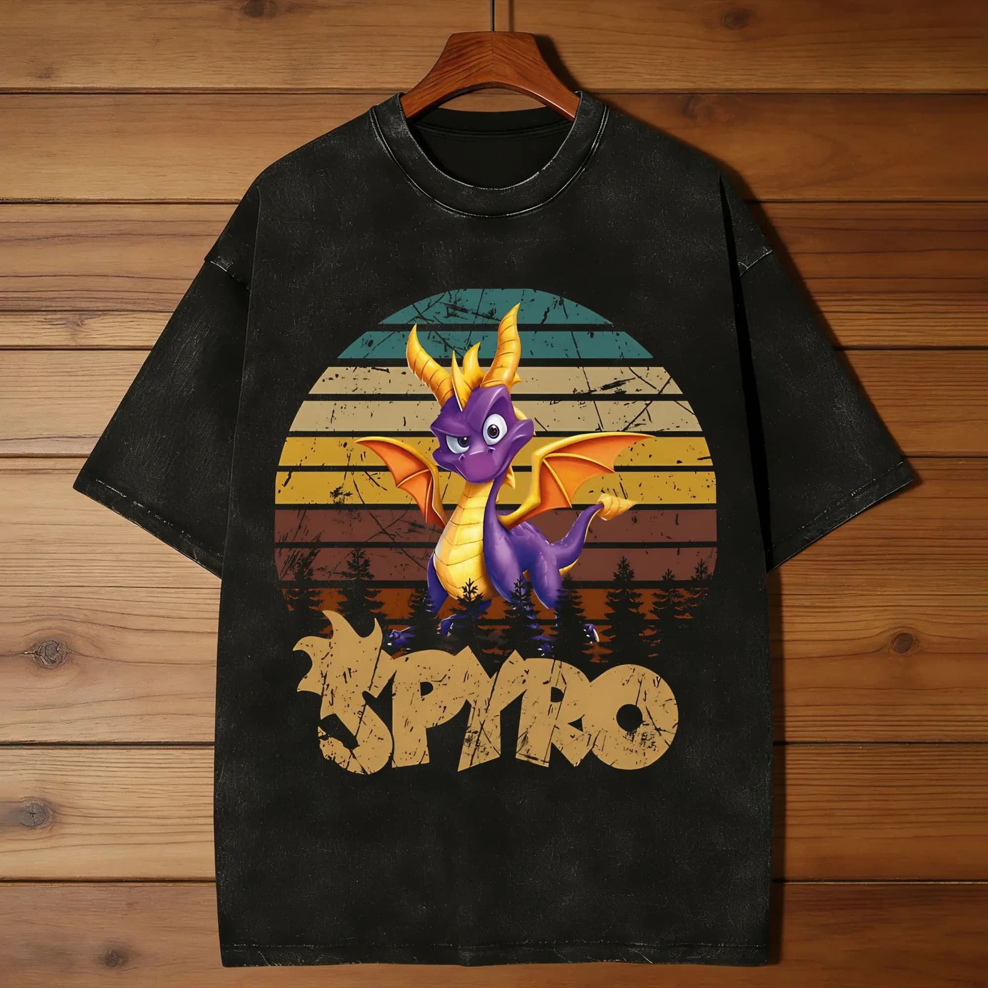 T-shirt viola con drago unico nel suo genere, da uomo, girocollo, 100% cotone, lavata, a maniche corte, stampata