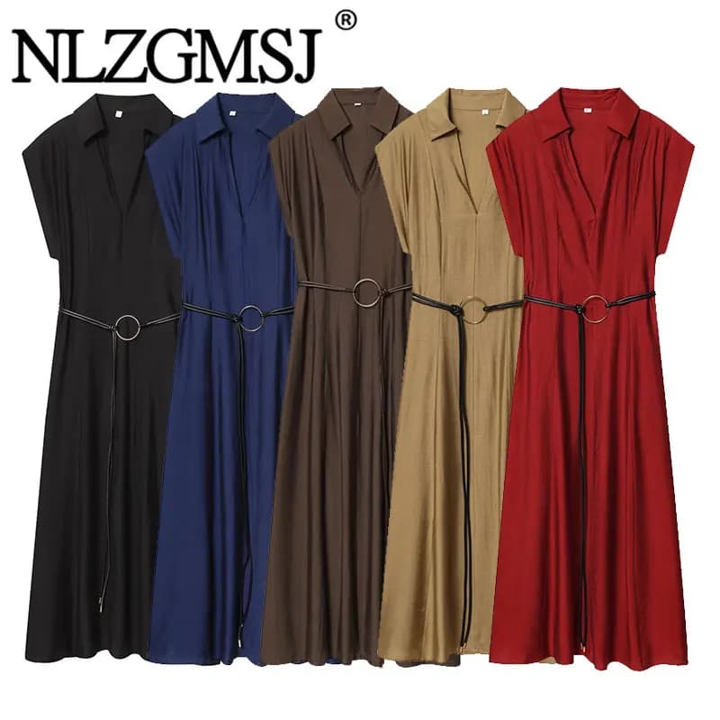 Nlzgmsj 2026 Elegant Turndown Collar Belt Decoration Long Dress Women Short Sleeve Straight Fashion Dresses