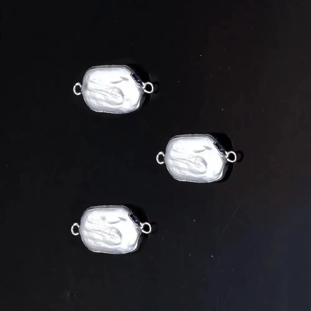 1 Pezzo Ciondolo Connettore a 2 Fori in Perla Naturale d'Acqua Dolce, Bordo Placcato Argento, Rettangolare Irregolare, per Gioielli Fai da Te, Collana