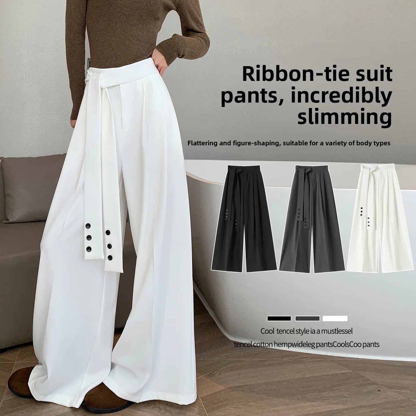High Waist Wide Leg Suit Pants Women's Casual Floor Length Trousers Belt Design Loose Fit Straight Cut Korean Style