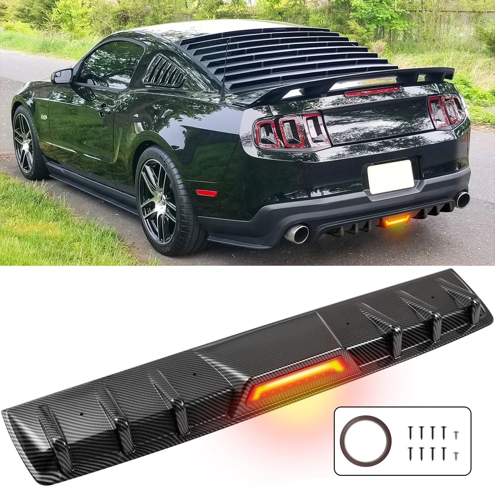 Diffusore posteriore in fibra di carbonio con luce posteriore a LED per Ford Mustang GT