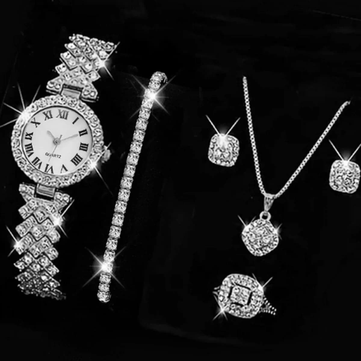 1 roman style women's watch with quartz movement and alloy diamonds, set with 5 accessories for women