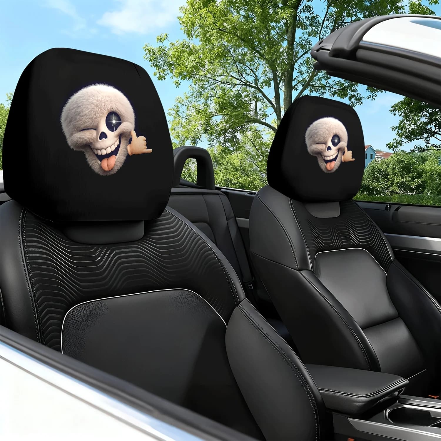 2pcs Car Headrest Covers Plush Skull Winking Tongue Design Car Seat Headrest Pillow Neck Pillow Protector – Slip-Resistant, St
