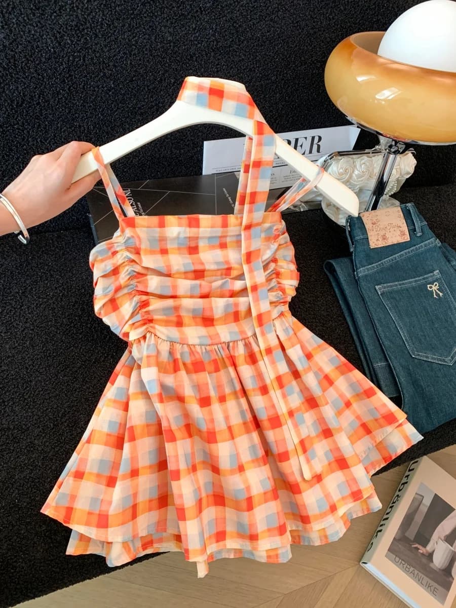 Top Donna Estivo Senza Spalline a Quadri Color Dopamina, Stile Bambola, con Cintura, in Fibra di Poliestere