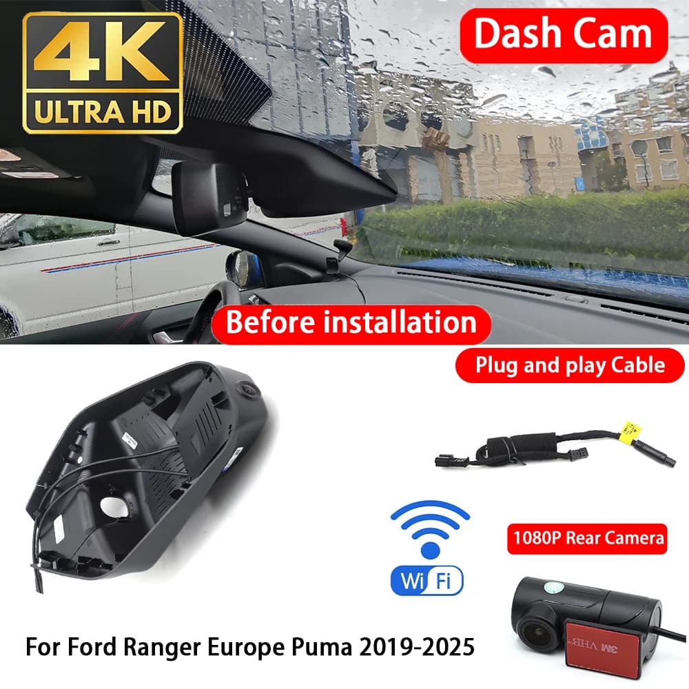 for Ford Ranger Europe Puma 2019-2025 4K Dash Cam Front Rear Car Camera DVR Wifi Plug & Play Video Recorder Loop Recording