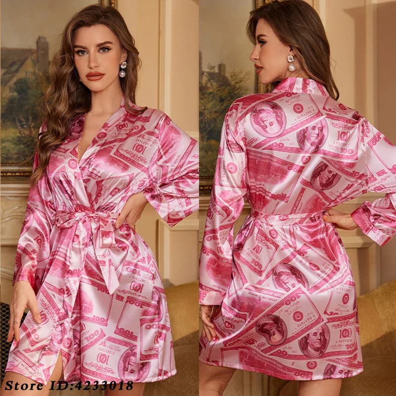 Estate Donna Abito in seta di ghiaccio Kimono Accappatoio Abito Sexy stampato Indumenti da notte Camicia da notte Allentato Casual Vestaglia da casa Abbigliamento da salotto