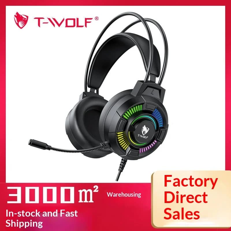 Cuffie da gioco T-Wolf H140 con illuminazione RGB LED, audio surround 7.1, cuffie over-ear con microfono per PC, laptop, desktop e giocatori.