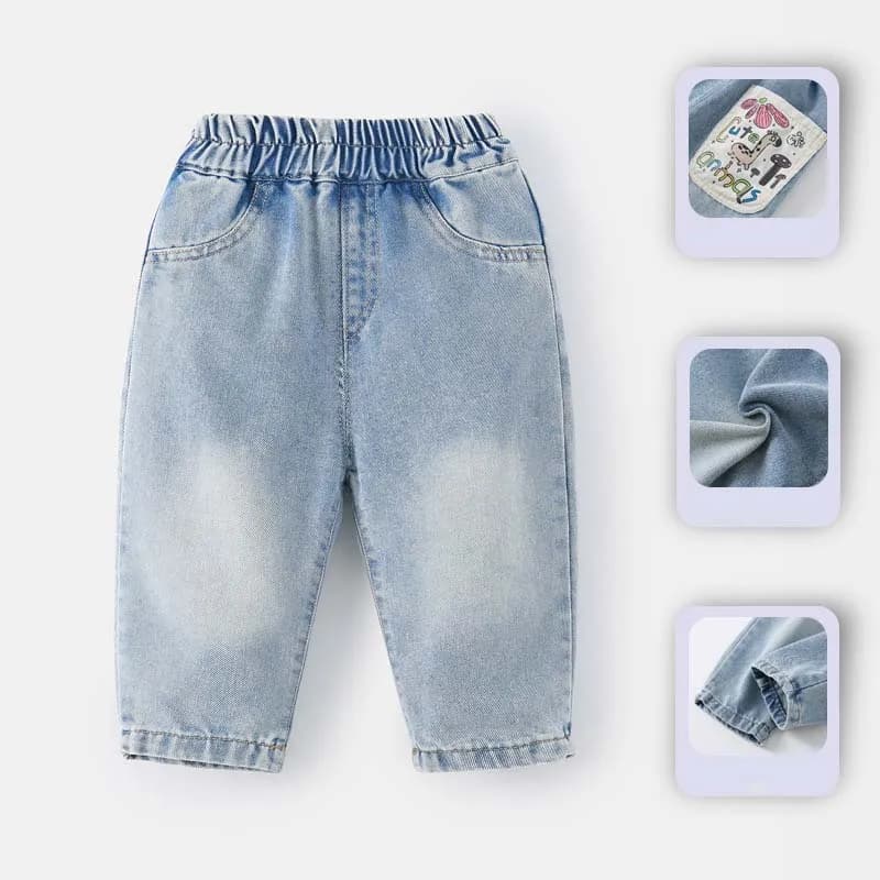 Jeans per Bambine Primavera 2026, Pantaloni in Denim con Tasche e Patchwork Cartoon, Casual con Vita Elastica per Neonate e Bambine