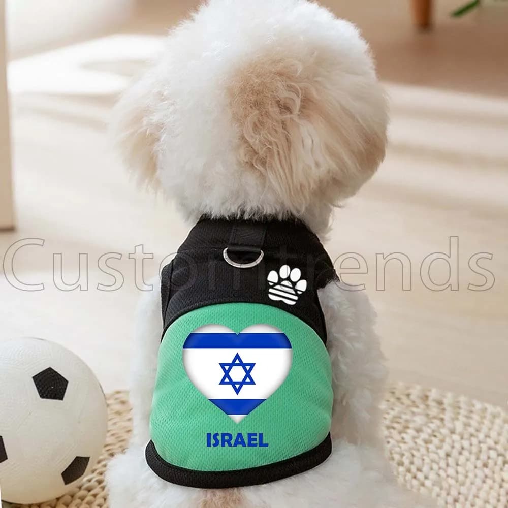 Pettorina a rete con bandiera a cuore israeliana per cani e gatti, Abbigliamento per animali domestici, Gilet estivo per cani con anello a D per guinzaglio e graziosa stampa zampa