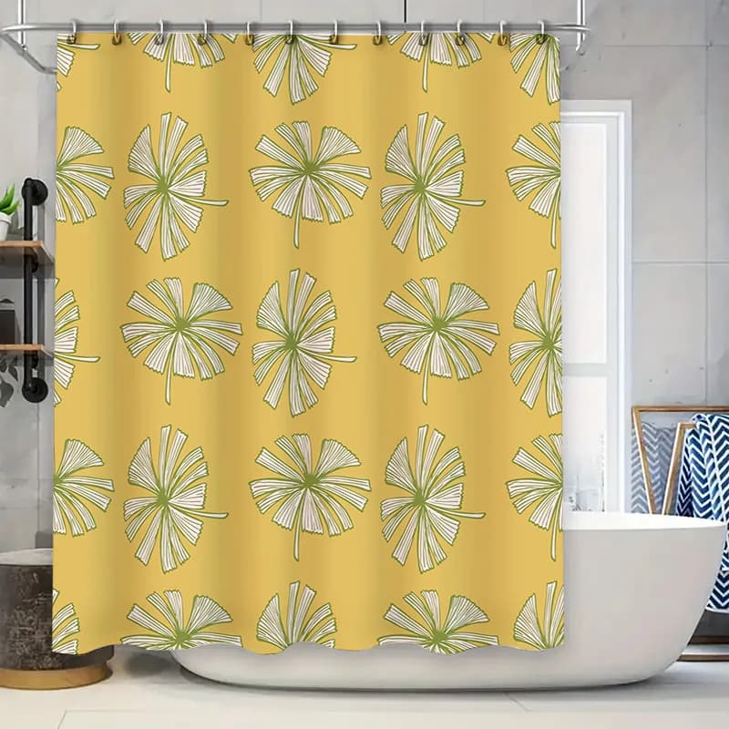 Tenda da doccia con foglie di ginkgo gialle vibranti Decorazione da bagno con foglie bianche con asta con gancio in metallo per la decorazione del bagno