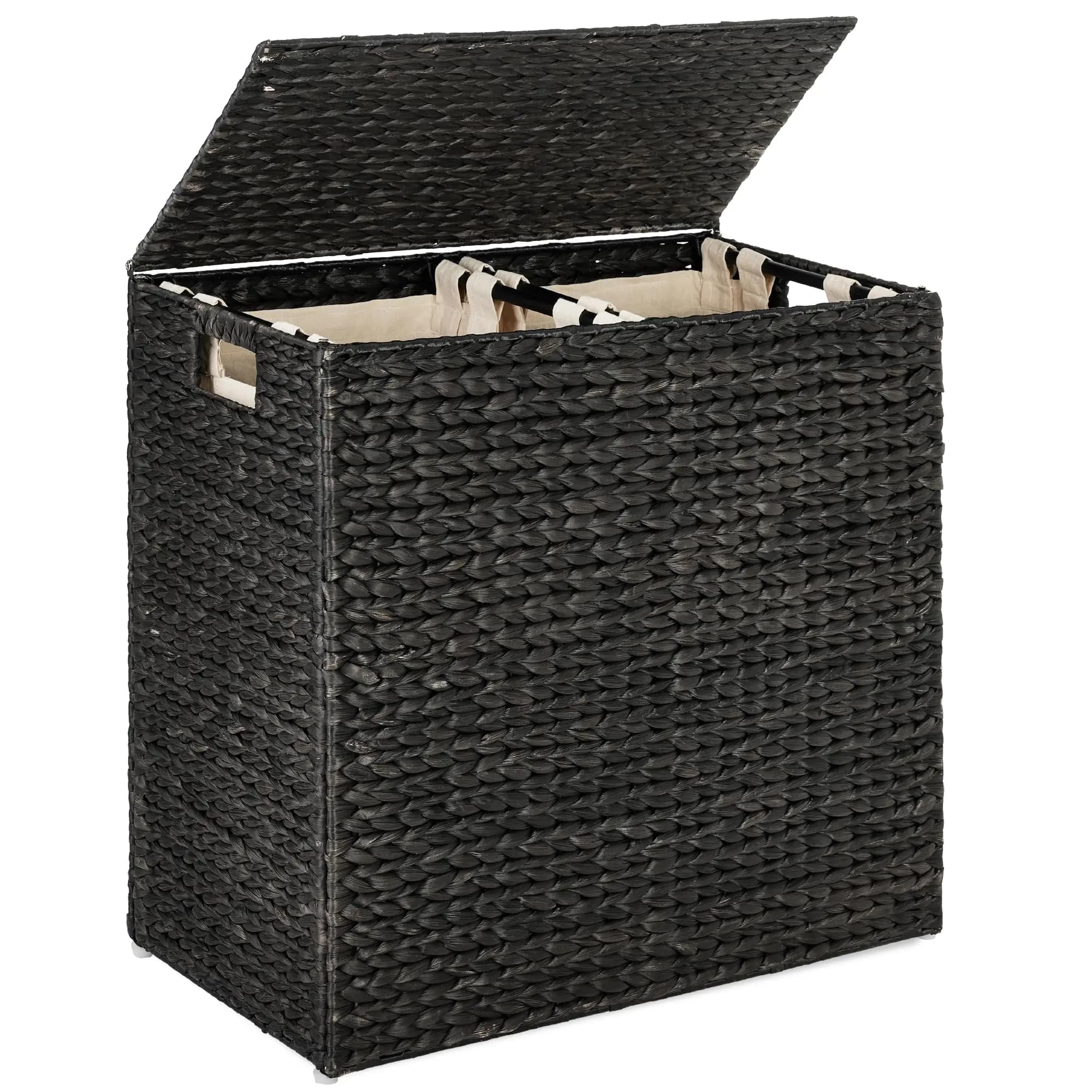 Large Laundry Hamper with Lid, Natural Handwoven Hyacinth Laundry Basket, W/Removeable & Washable Liner Bag, Portable