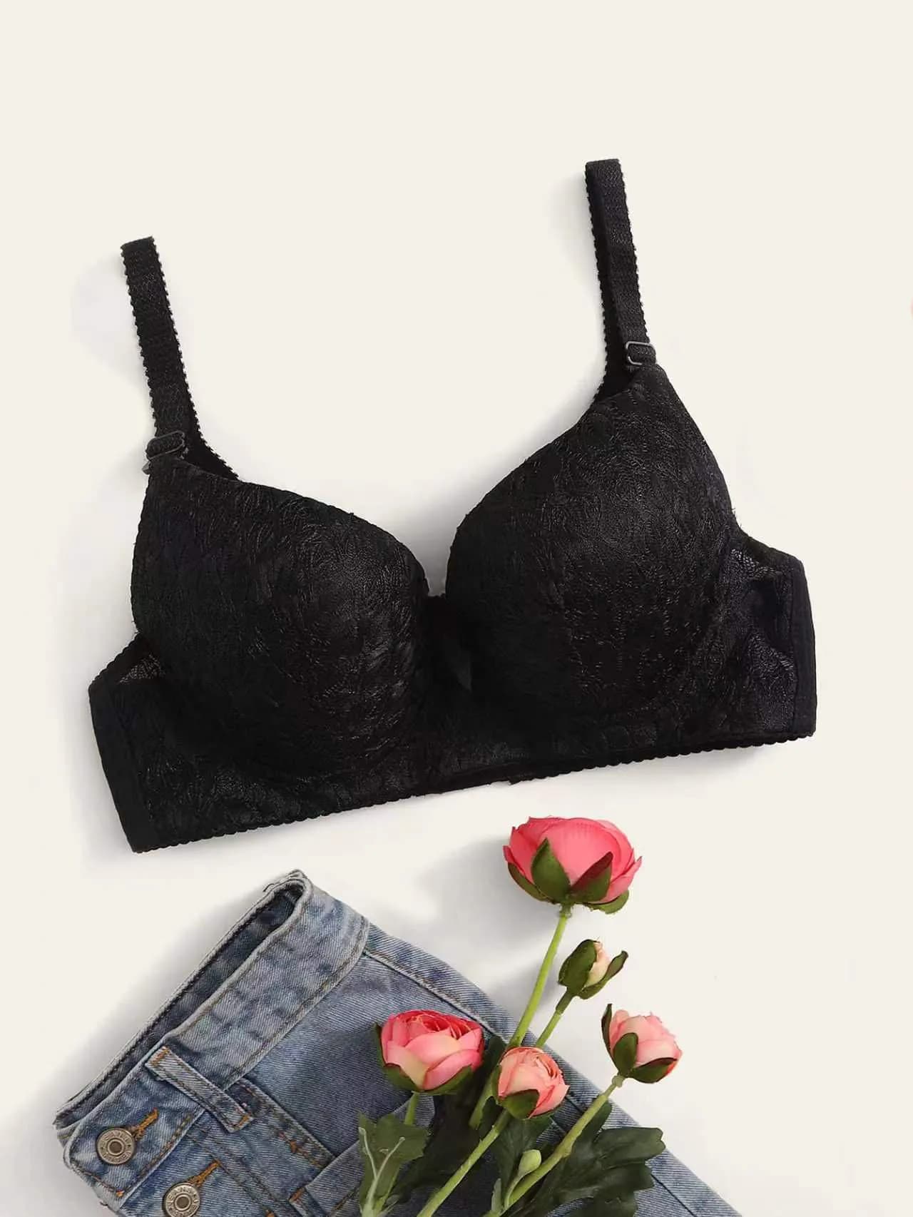 Reggiseno sexy da donna in pizzo ricamato con bordi in acciaio, spalline push-up regolabili, intimo aderente D176