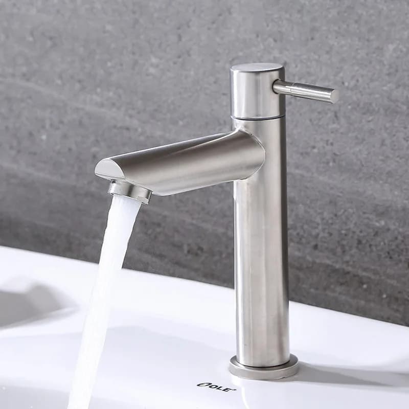 Rubinetto per bagno moderno Lavabo in acciaio inossidabile 304 Rubinetto singolo freddo Montaggio su piano Rubinetto per lavabo Accessori per il bagno