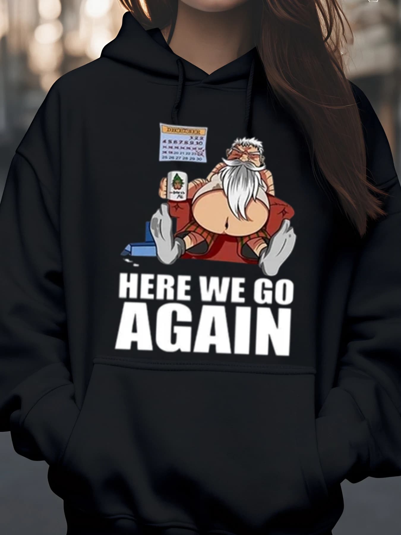 Calendario di Babbo Natale qui We Go Again Felpa con cappuccio con stampa Abbigliamento casual natalizio unisex