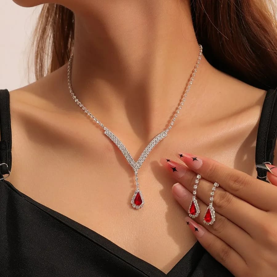 Red Drop Pendant Set Wedding Dresses Accessories Versatile Wedding Necklace Two Piece Set